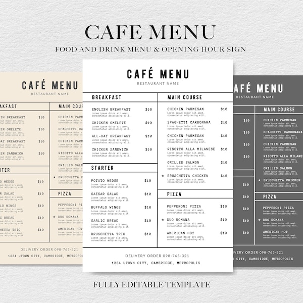 Cafe Menu Template Bundle, Minimalist Cafe Menu template, Coffee Menu Price List, Modern Restaurant Menu, Restaurant Opening Hours Sign