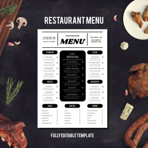 Paquete de menú de restaurante / Plantilla de menú de restaurante clásico / Lista de precios de plantilla de menú editable / Menú clásico en blanco y negro / Menú tamaño A4
