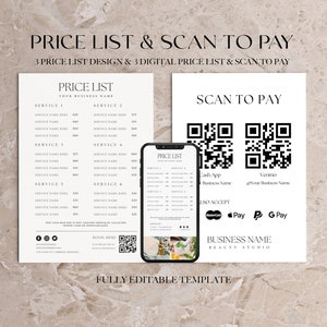 Salon Preisliste Vorlage, druckbare Salon Preisliste, minimalistische Druckliste, bearbeitbares Salon Business Bundle, Scan To Pay Schild