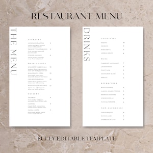 Paquete de menú de restaurante mínimo / Plantilla de menú de restaurante / Lista de precios de plantilla de menú editable / Menú minimalista / Menú tamaño 8.5X14