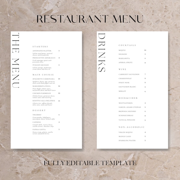 Minimal Restaurant Menu Bundle | Restaurant Menu Template | Editable Menu Template Price List | Minimalist Menu | Size 8.5X14 Menu