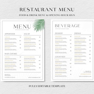 Plantilla mínima de menú de restaurante, plantilla editable de menú verde, lista de precios de menú de restaurante moderno, cartel de horario de apertura de bienvenida del restaurante