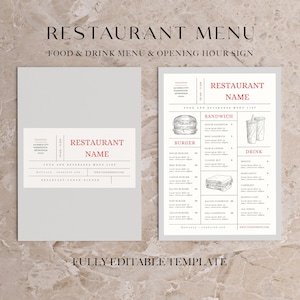 Paquete de menú de restaurante mínimo / Plantilla de menú de restaurante / Lista de precios de plantilla de menú editable / Menú minimalista / Menú tamaño A4
