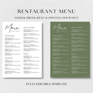 Minimales Restaurant-Menü-Bundle, Restaurant-Menü-Vorlage, modernes Menü, bearbeitbare Menüvorlage Preisliste, Restaurantöffnungszeiten-Zeichen