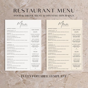 Paquete mínimo de plantillas de menú de restaurante, plantilla de menú editable, lista de precios de plantilla de menú editable, menú moderno, cartel de bienvenida del restaurante