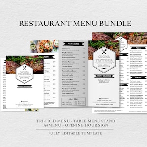 Paquete de plantillas de menú de restaurante triple, lista de precios editable moderna, menú de restaurante, letrero de menú de mesa de restaurante, letrero de horario de apertura