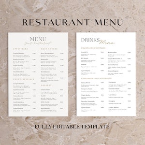 Paquete de menú minimalista para restaurante, plantilla de menú para restaurante, menú moderno, lista de precios de plantillas de menú editables, letrero con horario de apertura del restaurante