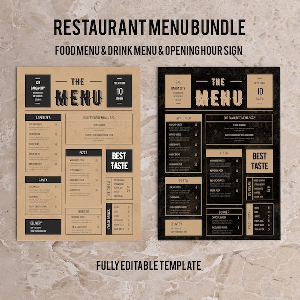 Restaurant Menu Bundle | Classic Restaurant Menu Template | Editable Menu Template Price List | Classic Brown Menu | Size A4 Menu