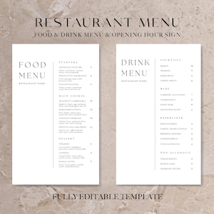 Paquete de menú de restaurante mínimo, plantilla de menú de restaurante, menú moderno, lista de precios de plantilla de menú editable, signo de horario de apertura del restaurante
