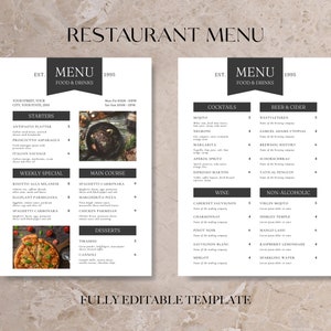 Plantilla de folleto de menú de restaurante / Paquete de menú de restaurante clásico / Plantilla de menú editable Lista de precios / Tamaño de menú A4