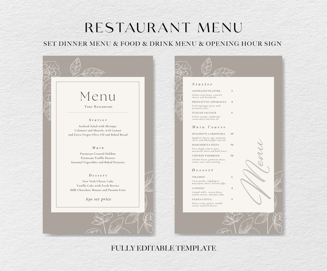 Elegant Restaurant Menu Template Bundle Minimalist Menu Editable