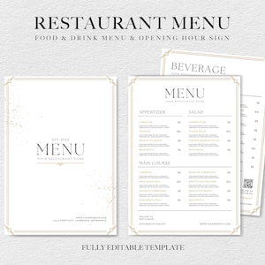 Paquete de menú de restaurante mínimo, plantilla de menú de restaurante, menú moderno, lista de precios de plantilla de menú editable, signo de horario de apertura del restaurante