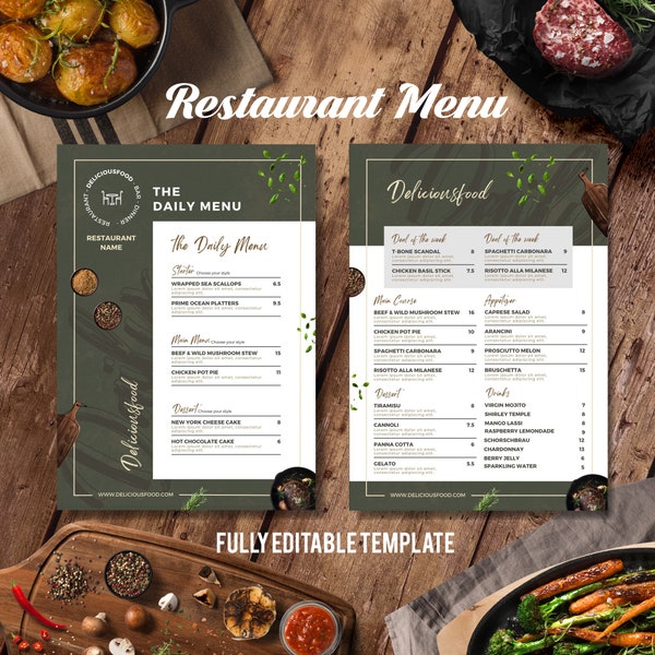 Plantilla de menú de restaurante / Paquete de menú de restaurante clásico / Lista de precios de plantilla de menú editable / Plantilla de signo de bienvenida / Menú tamaño A4