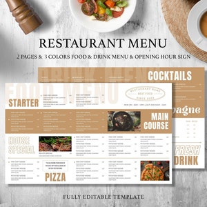 Nowoczesny szablon menu restauracji, szablon menu krajobrazowego, edytowalny szablon menu lista cen, minimalistyczne menu, powitalny znak restauracji
