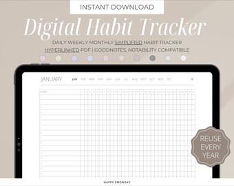 May include: A digital habit tracker on a tablet screen. The tracker is a grid with a column for each month of the year and rows for different habits. The tracker is designed to be used with GoodNotes and Notability apps. The text "JANUARY" and "HABIT" are visible at the top of the tracker.