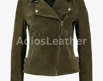 Handmade Women Leather Jacket Cow Suede Leather Biker Jacket Green leather Jacket