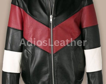 Men Leather Bomber Jacket Handmade Jacket Black with Red and White Stripes Leather Jacket in Sheepskin Leather