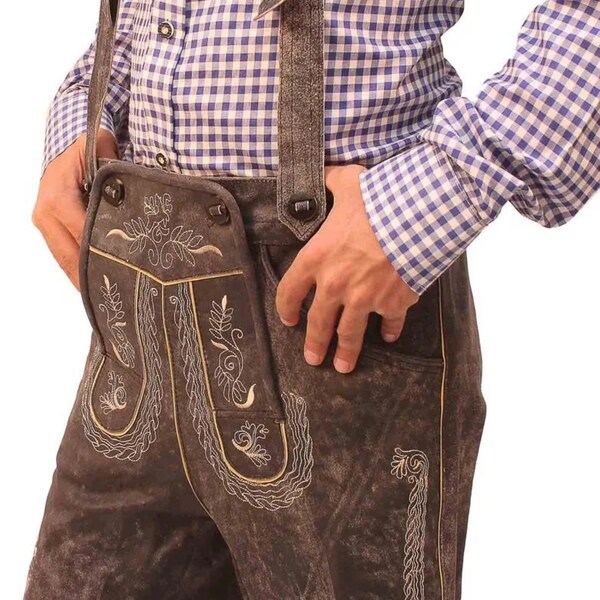 Embroidered Men Lederhosen Bavarian Short Authentic Leather Lederhosen Charcoal Balck for Octoberfest and Halloween