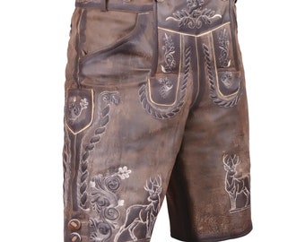 Embroidered Men Lederhosen Trachten Short Authentic Leather Lederhosen Dark Wild Brown for Octoberfest and Halloween