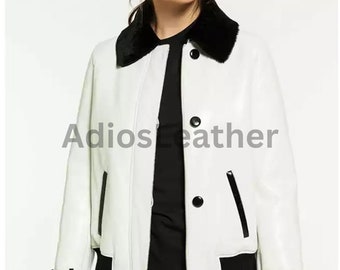 Chaqueta de cuero de oveja para mujer Chaqueta de cuero de oveja hecha a mano Cuero de piel de oveja con cuello negro de oveja Chaqueta blanca blanca