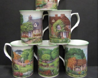 Set of 3/6 Mugs Country Cottages Fine Bone China Mugs Castle Shape 10oz Decorated in Yorkshire By Me Rik