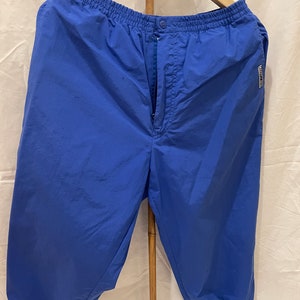 May include: Blue athletic shorts with an elastic waistband and a drawstring. The shorts have a small logo on the right leg that says "VINTAGE".