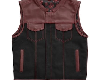 Rood leren en denim motorvest, gewatteerd in bikerclubstijl