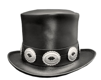 Schwarzer Leder Zylinder Handarbeit Rocker Slash Conchos Band Gothic Stil / Steampunk Zylinder - 100% Rindsleder Hut Geschenke für Männer