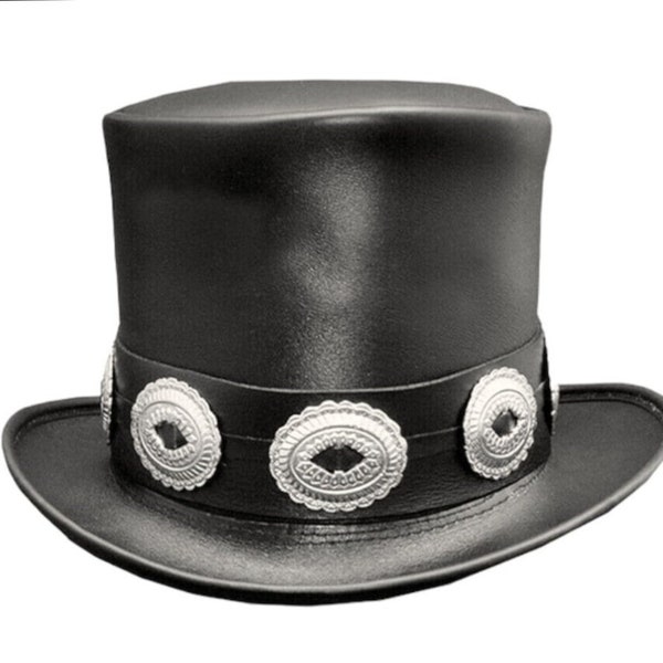 Chapeau haut de forme en cuir noir fabriqué à la main Rocker Slash Conchos Band Style gothique / Chapeau haut de forme Steampunk - 100% Cuir de vache Chapeau Cadeaux pour hommes