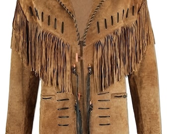 May include: A brown suede jacket with fringe detailing along the chest and sleeves. The jacket features decorative stitching, cut-out accents, and beaded shoulder embellishments. It has a classic collar and a button closure.