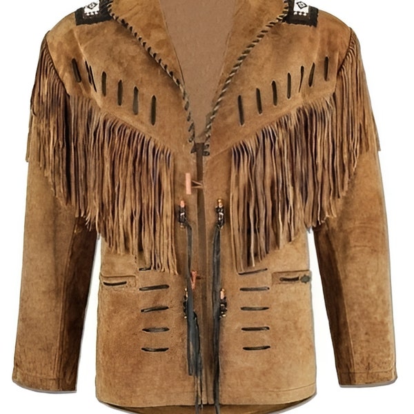 Men's Traditional Western Cowboy Leather Jacket Coat With Fringes And Beads - Brown Leather Jacket Vintage Apparel - Hunter Leather Jacket