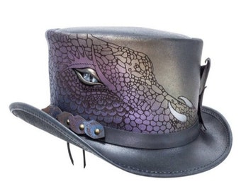 Black Leather Top Hat Handcrafted Top Hat Dragon Style Gothic Hat / Steampunk Top Hat Stylish Band Hat Gifts For Him , Gifts For Men