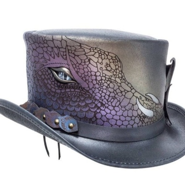 Chapeau haut de forme artisanal en cuir noir style dragon chapeau gothique / chapeau haut de forme steampunk élégant chapeau de bande, cadeaux pour lui, cadeaux pour hommes