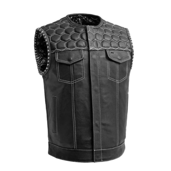 Leather Vest , Mens Hunt Club Honey Grill Quilted White Paisley Leather Build Denim Style Rider Motorcycle Leather Vest, Mens Vest - Gift