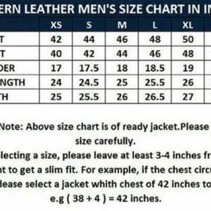 May include: A size chart for western leather jackets, showing chest, waist, shoulder, sleeve length, and length measurements in inches. Sizes range from XS to XXXL. Includes a note about selecting the correct size for a slim fit.