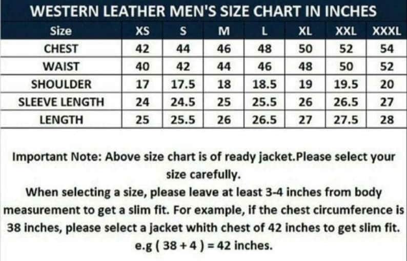 May include: A size chart for western leather jackets, showing chest, waist, shoulder, sleeve length, and length measurements in inches. Sizes range from XS to XXXL. Includes a note about selecting the correct size for a slim fit.