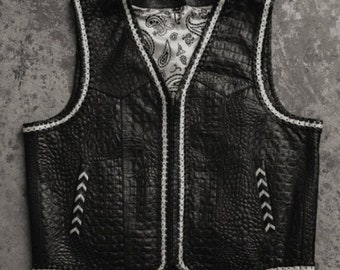 Leather Black Braided Crocodile Leather Men Vest Builder Biker Motorcycle Vest Western Cowboy Vest Rider Gifts For Men , Gifts For Him