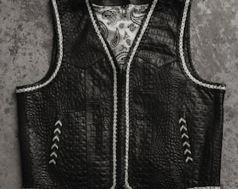 Black Crocodile Embossed Leather Biker Vest, Western Cowboy Style