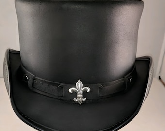 Black Leather Top Hat , Fleur Style Band Handcrafted Hat , Gothic Hat / Steampunk Top Hat Hat - Victorian Hat Gifts For Him , Gift For Men