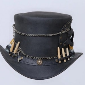 New Handmade - TOP HAT - Time Traveller Leather Steampunk Black leather Top hat Old look Vintage Style hat Gothic Hat Magician Hat Gifts