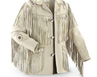 Men's Traditional Western Cowboy Leather Jacket Coat With Fringes And Beads - White Leather Jacket Vintage Apparel Handcrafted Jacket