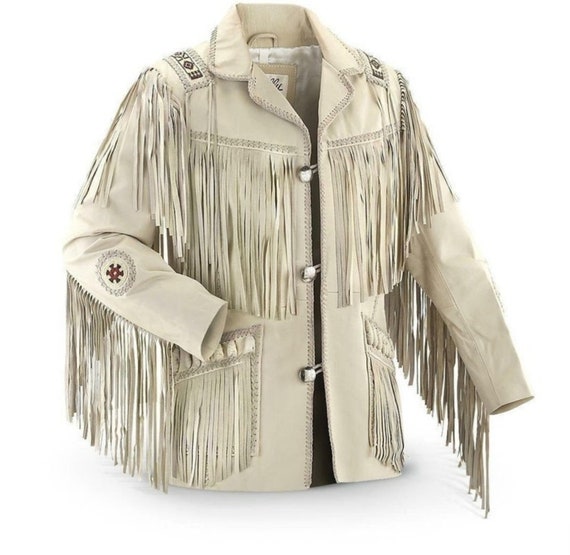 Men's Traditional Western Cowboy Leather Jacket Coat With Fringes And Beads - White Leather Jacket Vintage Apparel Handcrafted Jacket