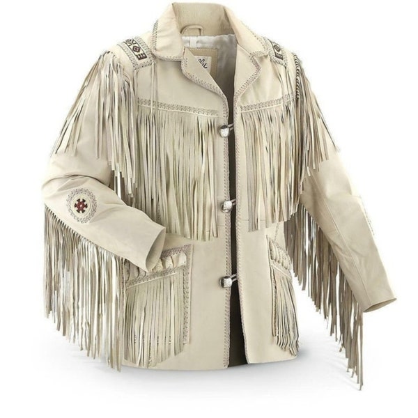 Men's Traditional Western Cowboy Leather Jacket Coat With Fringes And Beads - White Leather Jacket Vintage Apparel Handcrafted Jacket