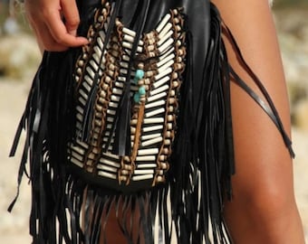 Leather Fringes Cross Body Bag Handmade Cowgirl Black Leather Ladies Western Leather Bag , Boho Fringes Purses Gifts For Her