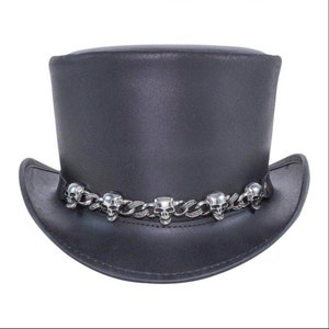 Hand Made El Dorado Leather Top Hat Black Leather Hat Chain Skull Band Biker Motorcycle Steampunk Top Hat Gothic Hat Halloween Hat Gifts