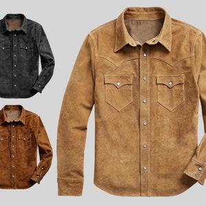 Men Suede Trucker Jacket Vintage Apparel Real Suede Leather Scully Western Shirt Tan Trucker Cowboy Shirt , Gifts For Him Gifts For Men