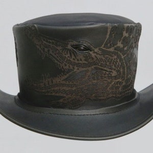Black Leather Top Hat Handcrafted Top Hat Crocodile Engraved Gothic Hat / Steampunk Top Hat Halloween Hat Gifts For Him , Gifts For Her