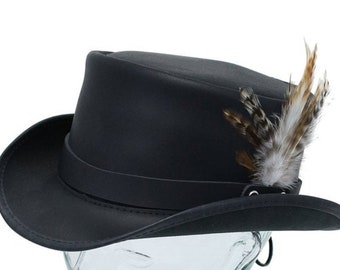 Sombrero de copa de cuero negro Banda de plumas hecha a mano Estilo gótico / Sombrero de copa Steampunk Sombrero de jinete - Halloween a sombrero, Regalos para hombres Regalos para él