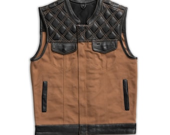 Leren denim motorvest voor heren: gewatteerd, in bikerclubstijl