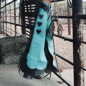 Handmade Cowgirl Chap Leather Chap Turquoise & Black Ladies Pant Rodeo chap Western Girls Accessories Gifts For Her , Gifts For Women